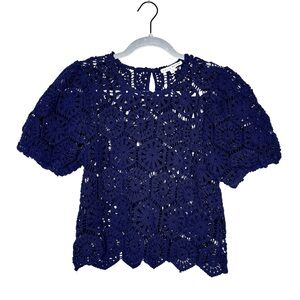 Haute Monde crochet see-through short puff sleeve top blouse shirt blue summer S